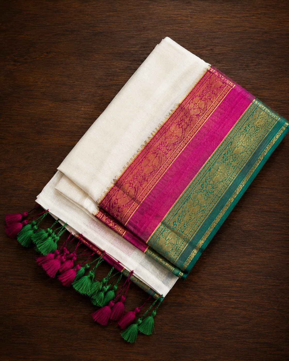 A neatly folded off-white mulcotton saree featuring a vibrant dual-tone border with parallel bands of deep magenta-pink and emerald green, both adorned with intricate gold zari traditional motifs and finished with matching pink and green tassels, displayed on a rich dark wood background.