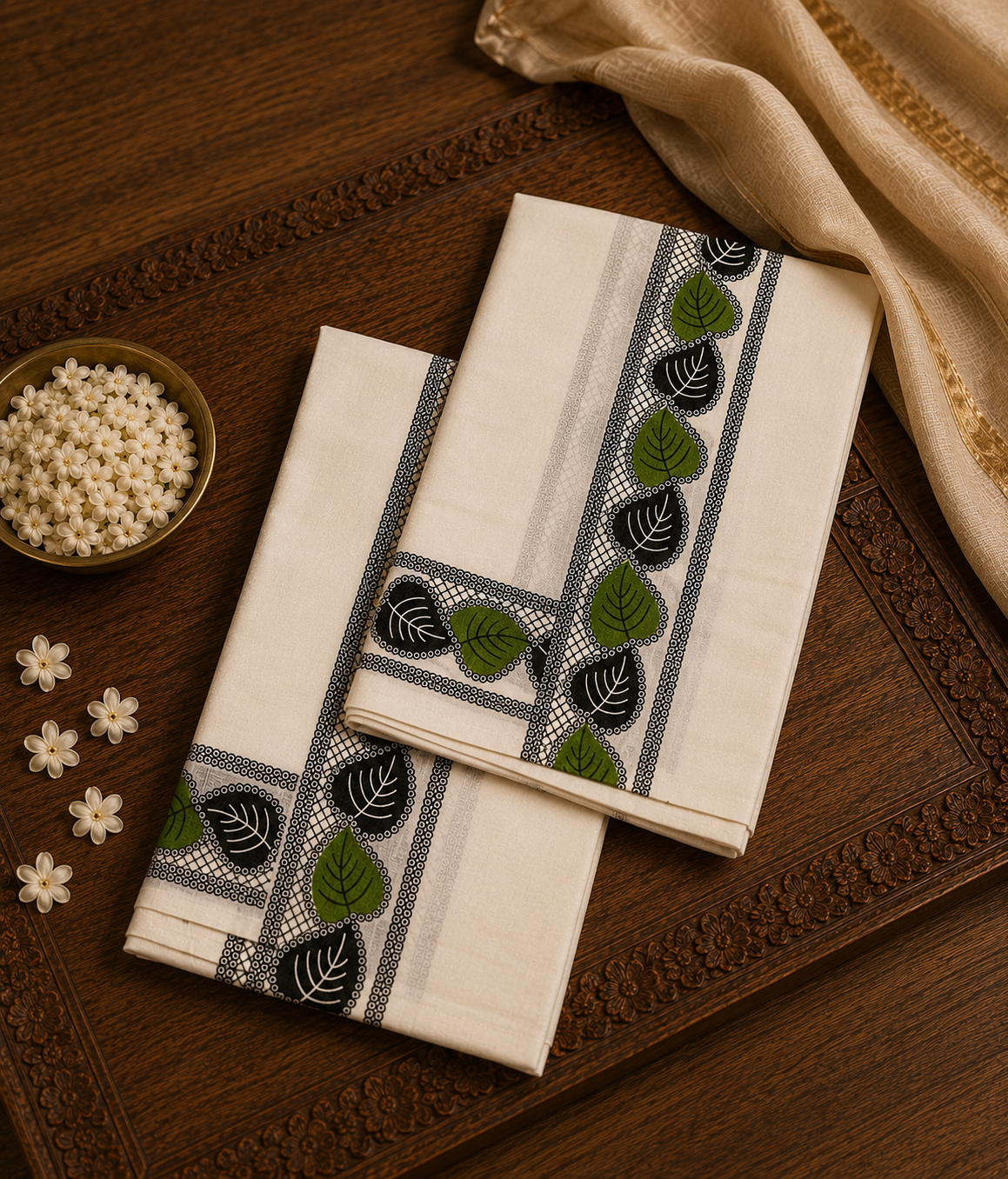 Off-white Kasavu cotton Set Mundu with black geometric net lace pattern and green leaf block prints by Saree from Thambai, styled for festive or casual traditional wear.