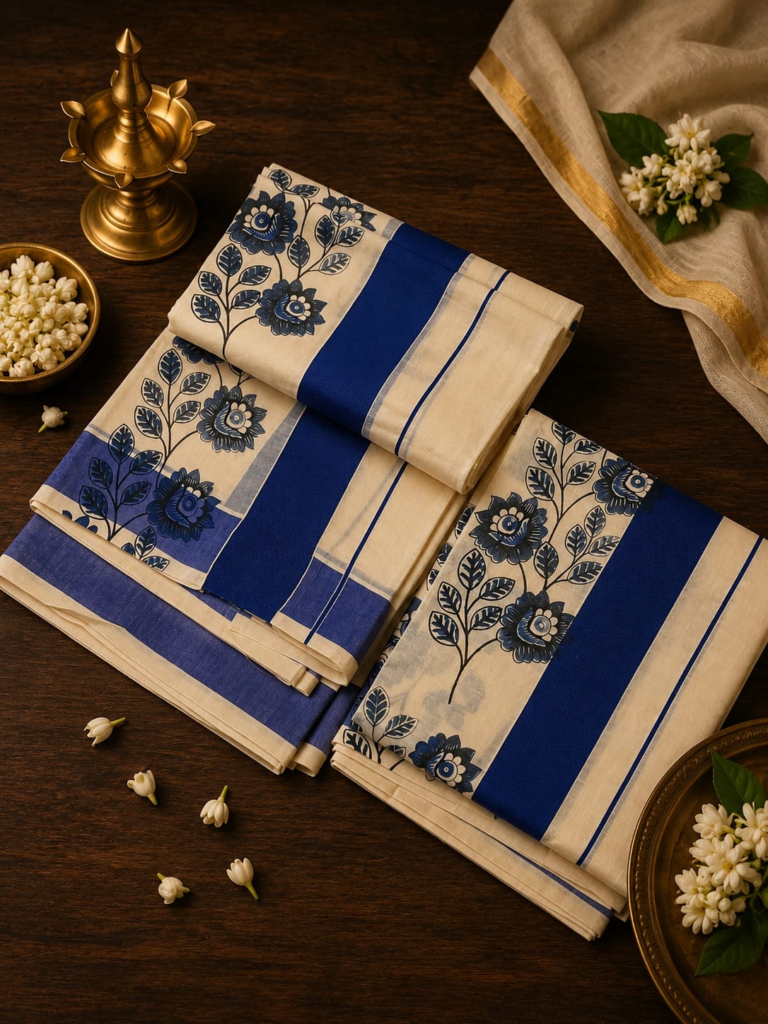 Traditional off-white Kerala cotton Set Mundu from Saree from Thambai featuring bold indigo blue solid borders and royal blue floral block print vines, folded neatly on a wooden background with a brass nilavilakku and jasmine blossoms.