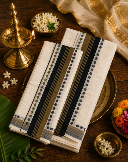 Off-white Kasavu cotton Set Mundu with black and olive green woven stripe border and printed dot accents by Saree from Thambai, styled for festive or traditional occasions
