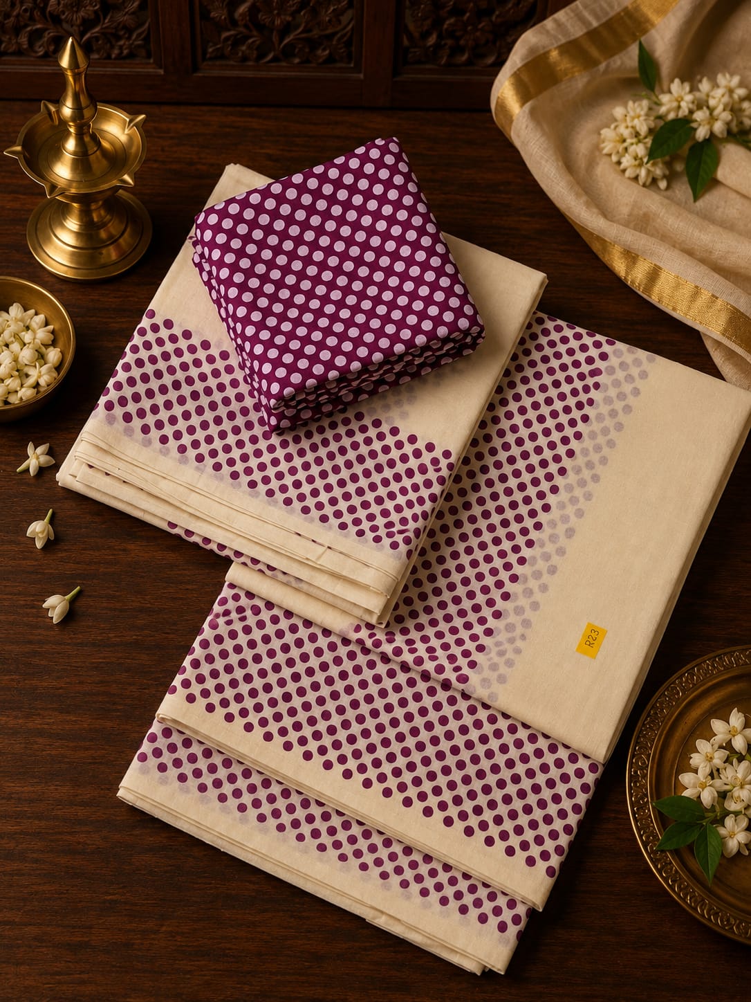 raditional off-white Kerala cotton Set Mundu from Saree from Thambai featuring purple polka dot prints along the border, complete with a matching purple polka dot blouse piece, displayed on a wooden table with a brass nilavilakku lamp and jasmine flowers.