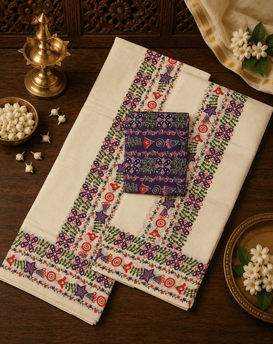 Off-white Kasavu cotton Set Mundu with violet-purple floral vine border prints and a matching printed blouse piece by Saree from Thambai, styled for festive or traditional occasions.