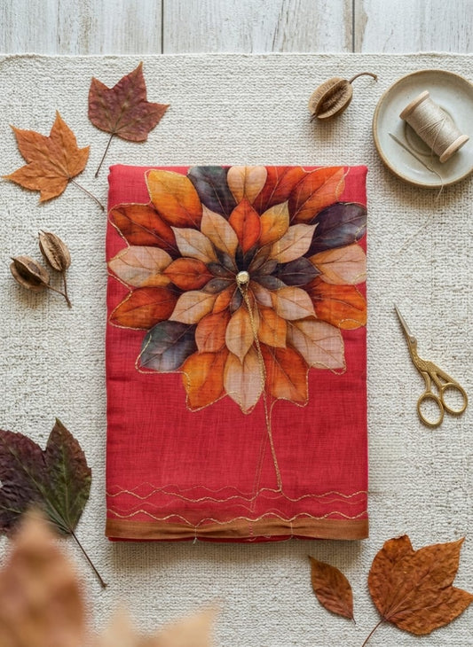  saree from thambai's Linen cotton saree with autumn leaf design on a wooden surface with leaves and scissors.
