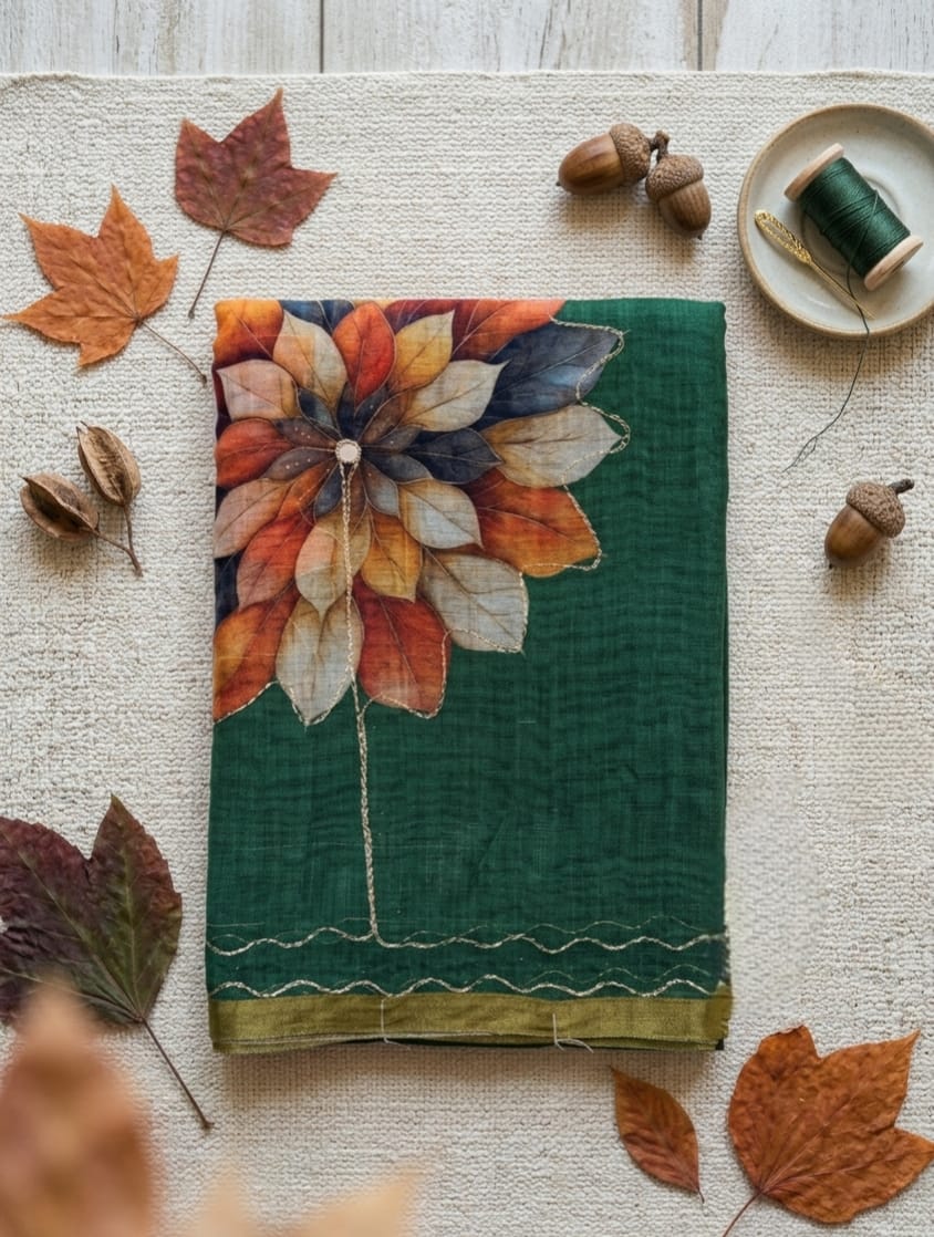 saree from thambai's Green  Linen cotton saree autumn leaf pattern on a wooden surface with leaves and acorns.