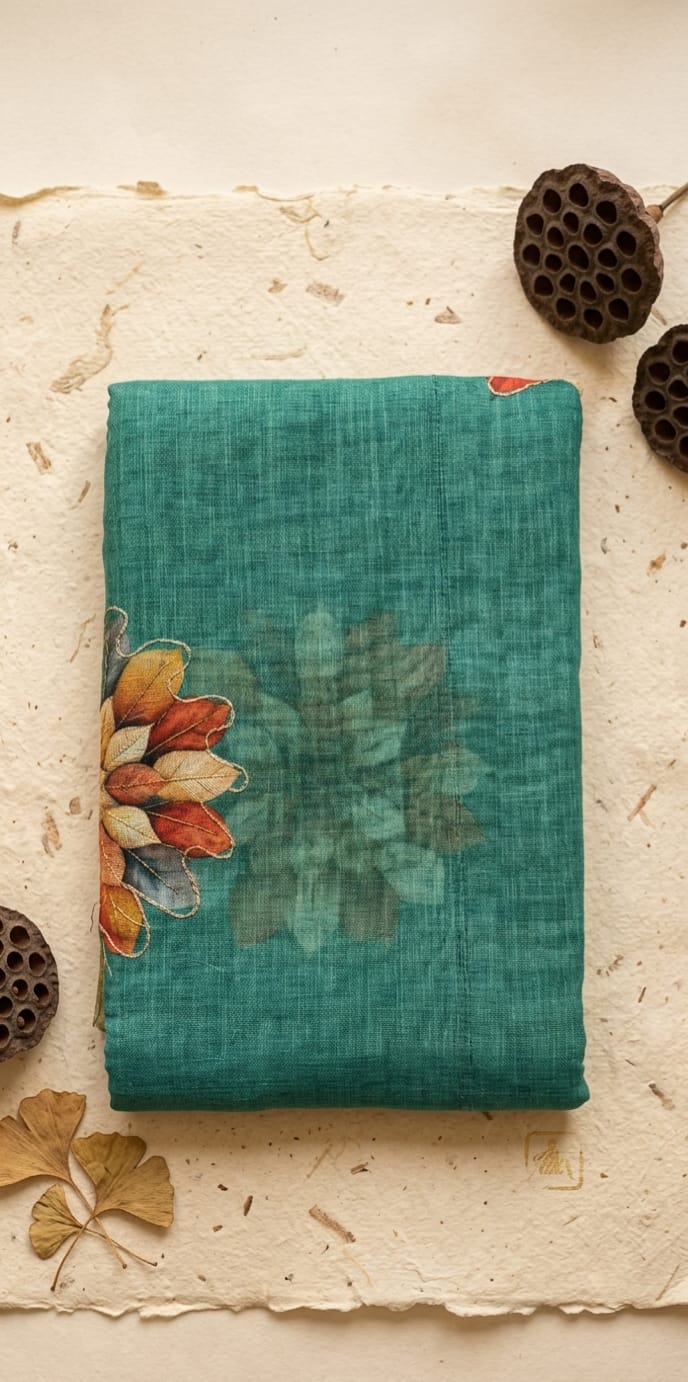 Teal  Linen cotton saree  with floral patterns on a textured beige surface
