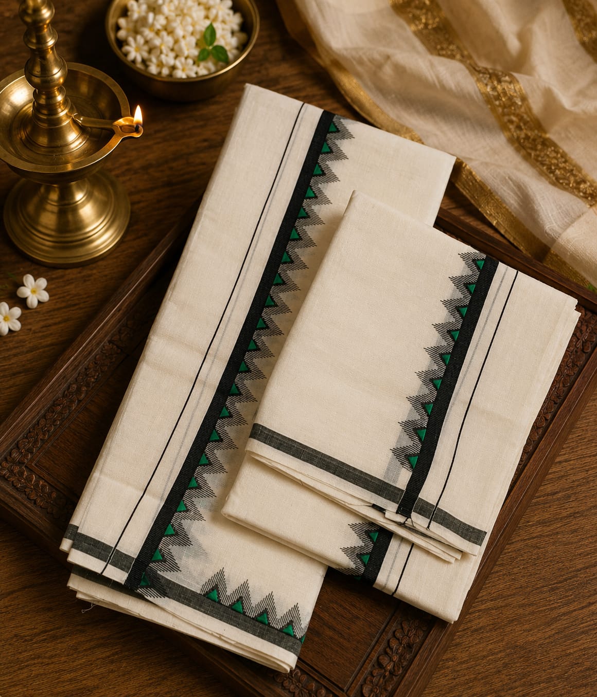 off-white Kasavu cotton Set Mundu with black stripe and green temple triangle (puliyila kara) pattern by Saree from Thambai, styled for traditional or temple wear.