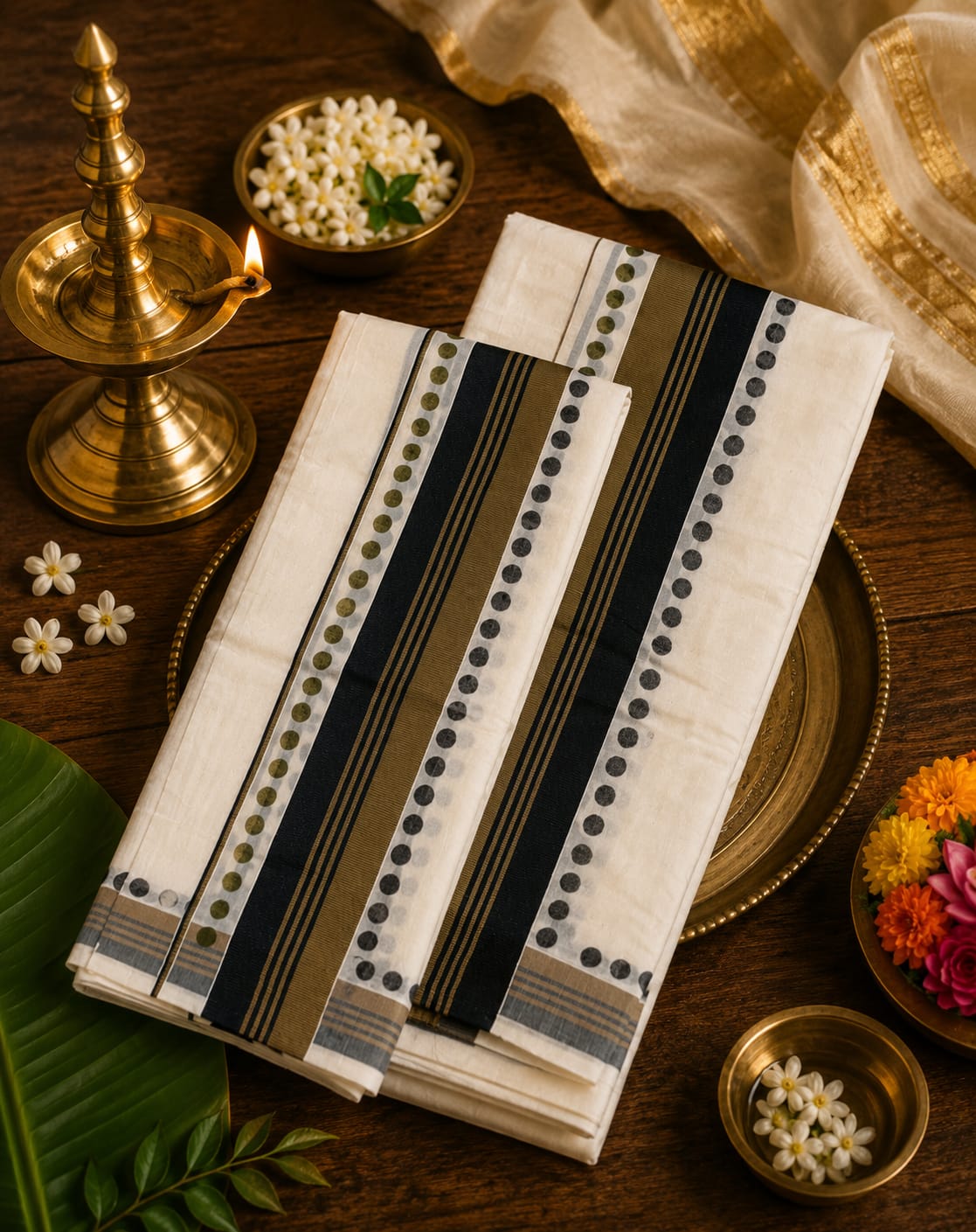 Off-white Kasavu cotton Set Mundu with black and olive green woven stripe border and printed dot accents by Saree from Thambai, styled for festive or traditional occasions
