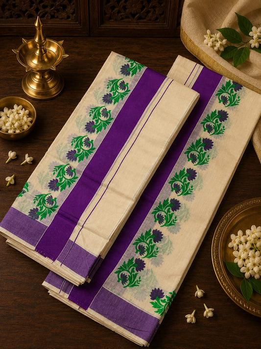 Neelakurinji Off-White Kerala Cotton Set Mundu
