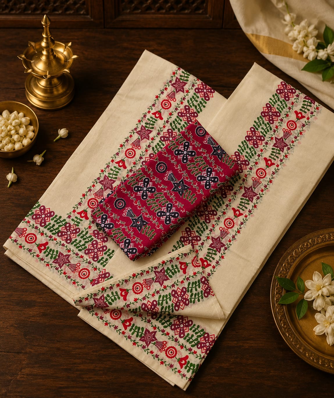 Off-white Kasavu cotton Set Mundu with intricate magenta red and olive green floral geometry borders and a coordinated printed blouse piece by Saree from Thambai.