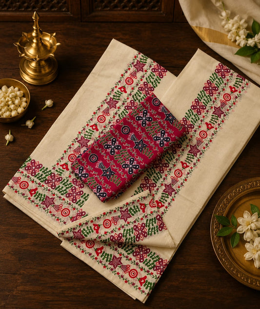 Off-white Kasavu cotton Set Mundu with intricate magenta red and olive green floral geometry borders and a coordinated printed blouse piece by Saree from Thambai.