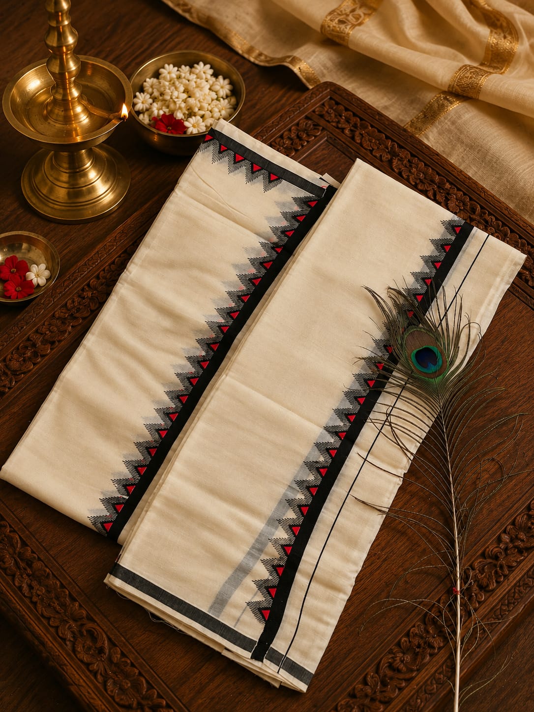 Off-white Kasavu cotton Set Mundu with black stripe and red temple triangle (puliyila kara) border by Saree from Thambai, styled for festive, cultural, or temple wear.