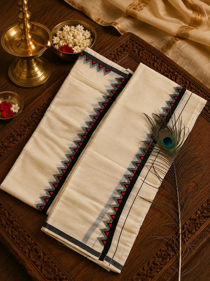 Off-white Kasavu cotton Set Mundu with black stripe and red temple triangle (puliyila kara) border by Saree from Thambai, styled for festive, cultural, or temple wear.