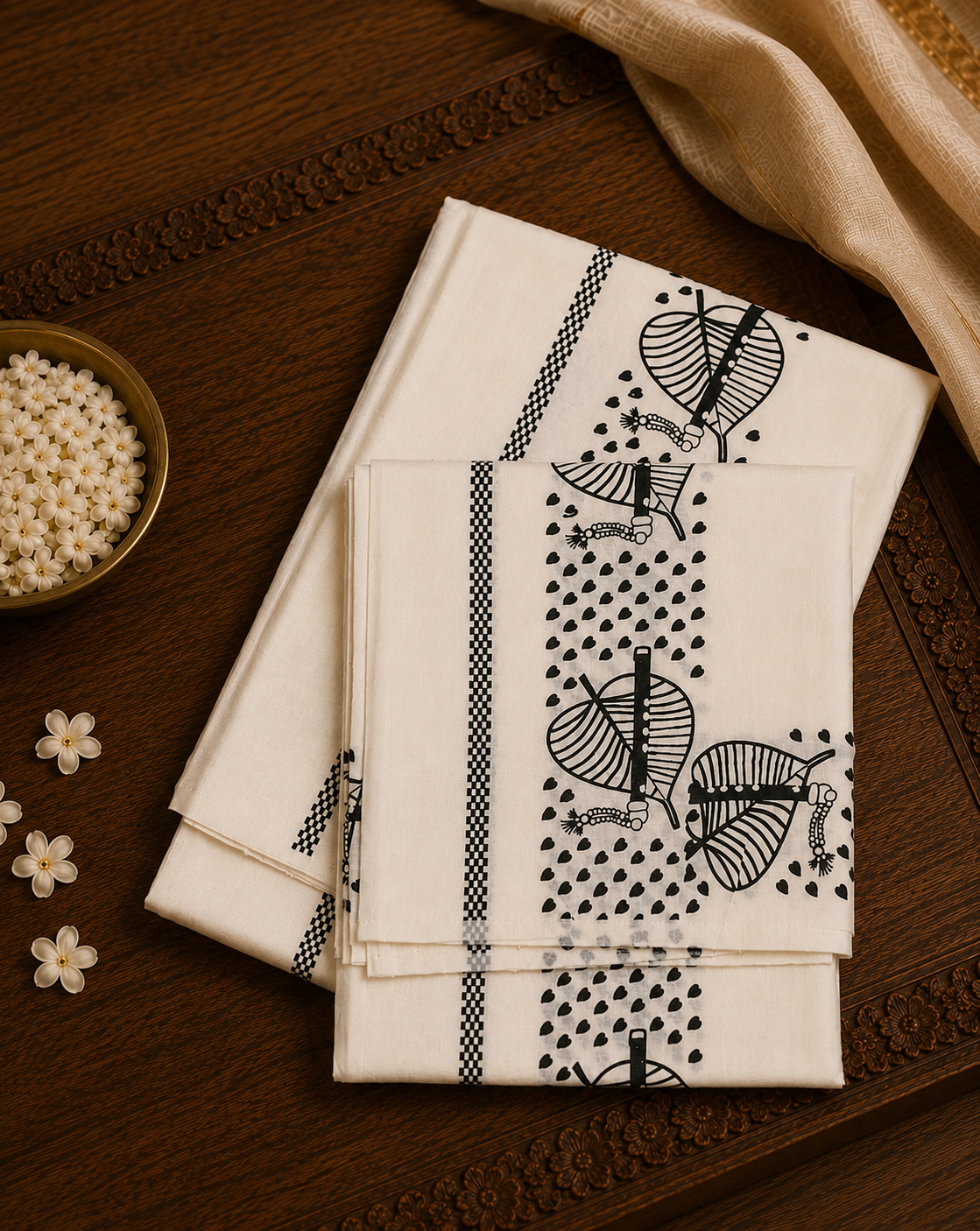Off-white Kasavu cotton Set Mundu with black Krishna flute and leaf block prints by Saree from Thambai, styled for Janmashtami, temple visits, and traditional occasions.