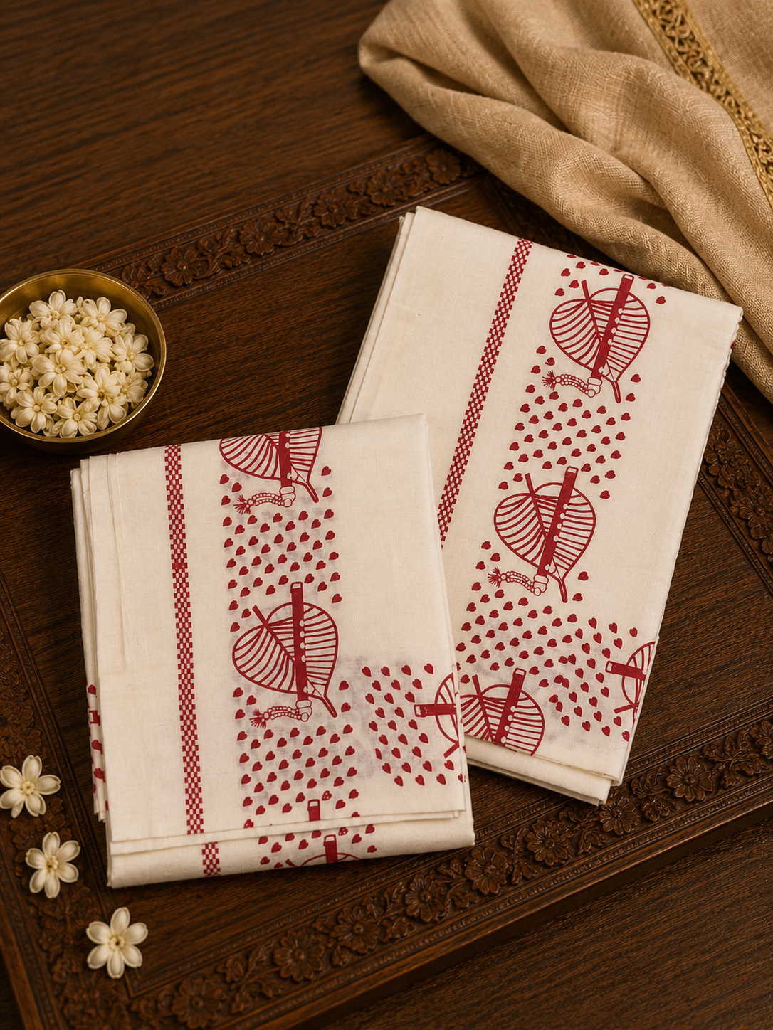 Off-white Kasavu cotton Set Mundu with maroon-red Krishna flute and leaf block prints by Saree from Thambai, styled for Janmashtami, Vishu, temple visits, and festive occasions.