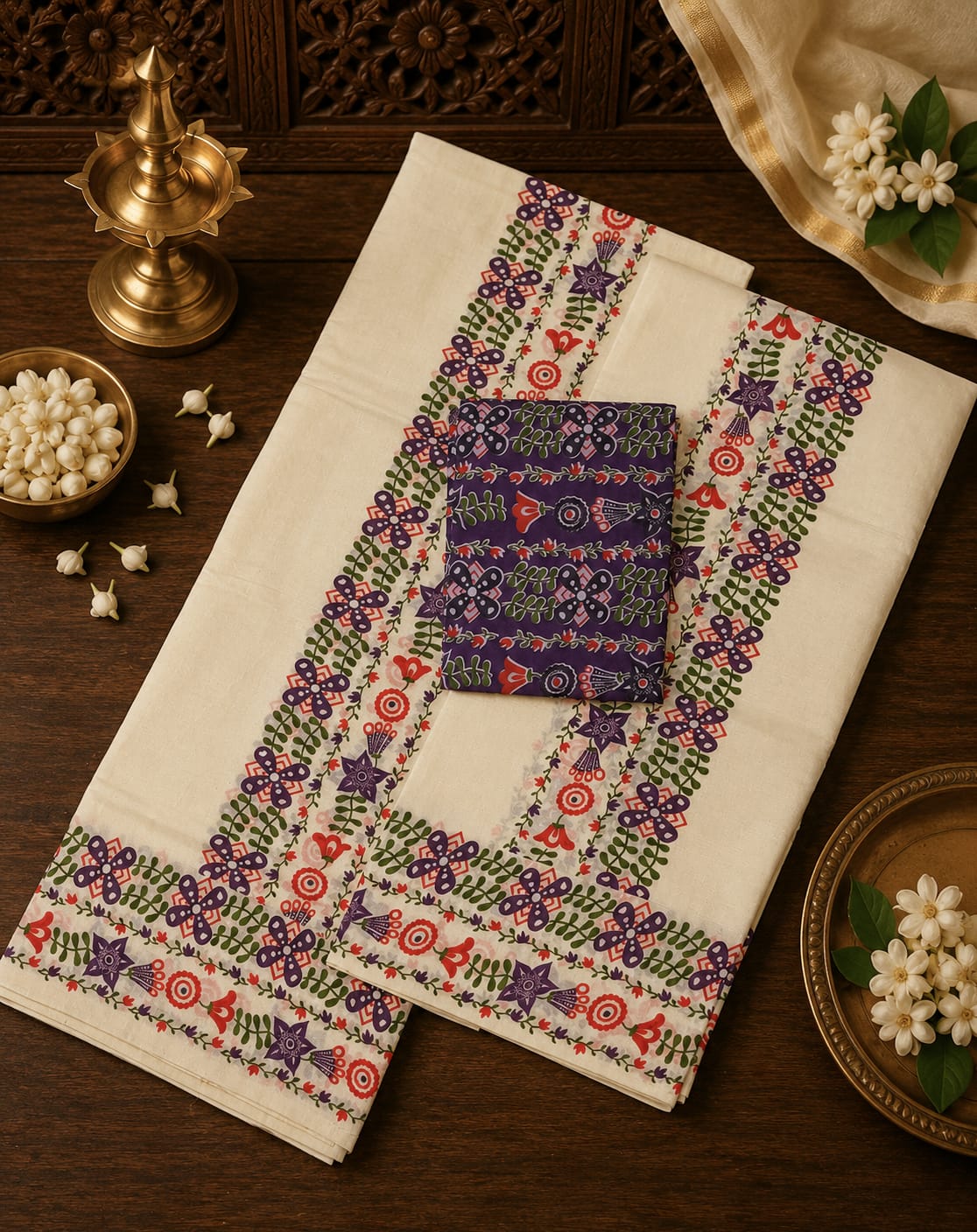Off-white Kasavu cotton Set Mundu with violet-purple floral vine border prints and a matching printed blouse piece by Saree from Thambai, styled for festive or traditional occasions.