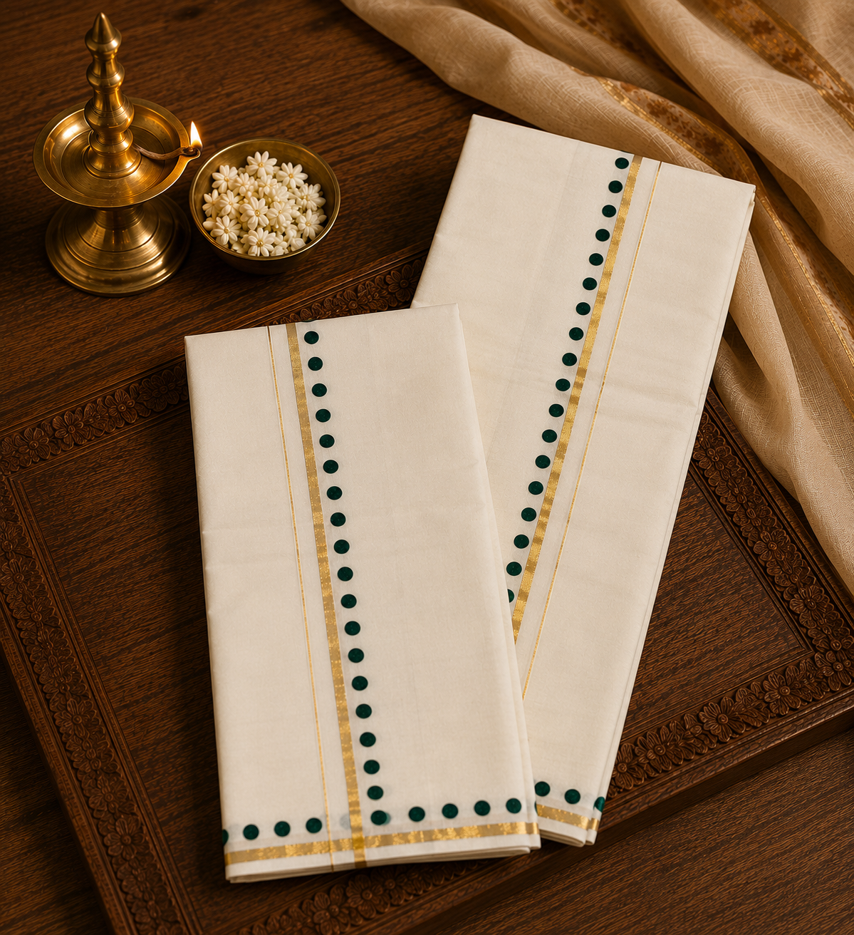 Thumbi Off-White Kerala Kasavu Cotton Set Mundu