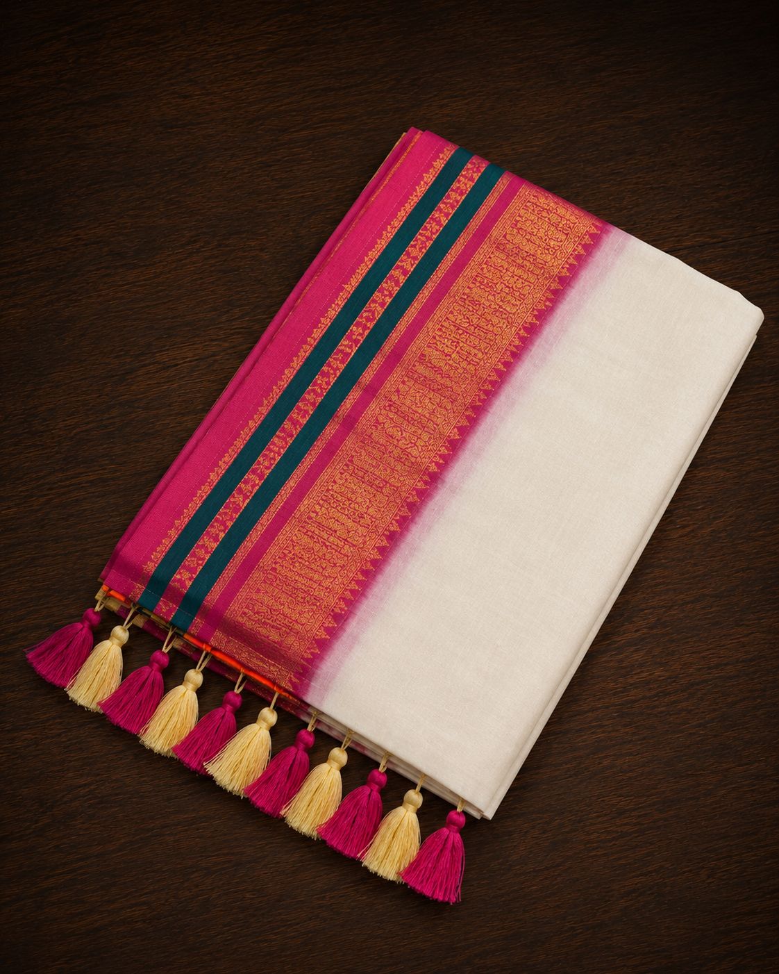 A neatly folded cream-colored Kerala mul cotton saree featuring a wide magenta border detailed with an intricate gold embroidered pattern, accented by thin teal-green stripes, and finished with elegant, alternating magenta and pale yellow tassels against a dark wooden surface.