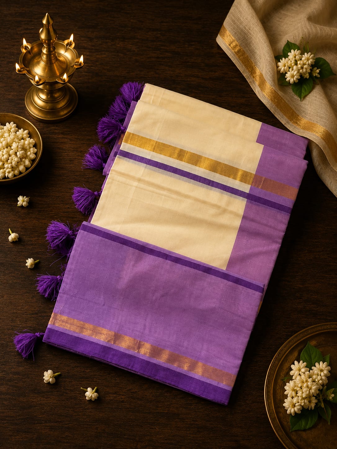 Purple and off-white Kasavu cotton saree with gold zari stripe borders and handmade purple tassels by Saree from Thambai, styled for festive, occasion, or traditional wear.
