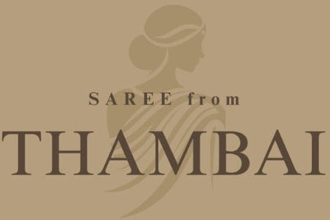 Beige background with 'SAREE FROM THAMBAI' brand logo and text.