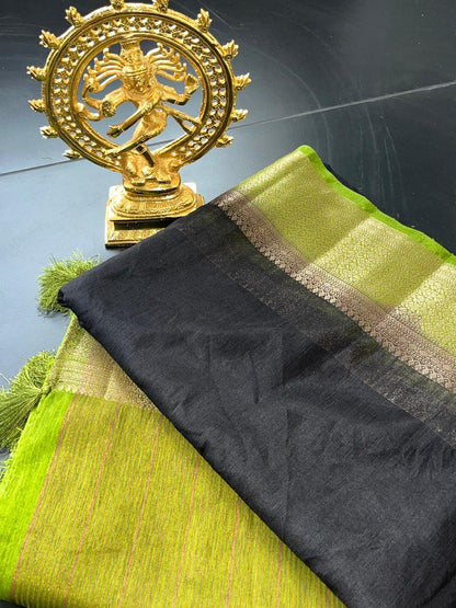 Jute Linen Cotton Black and green saree from saree from thambai 
 on a dark background